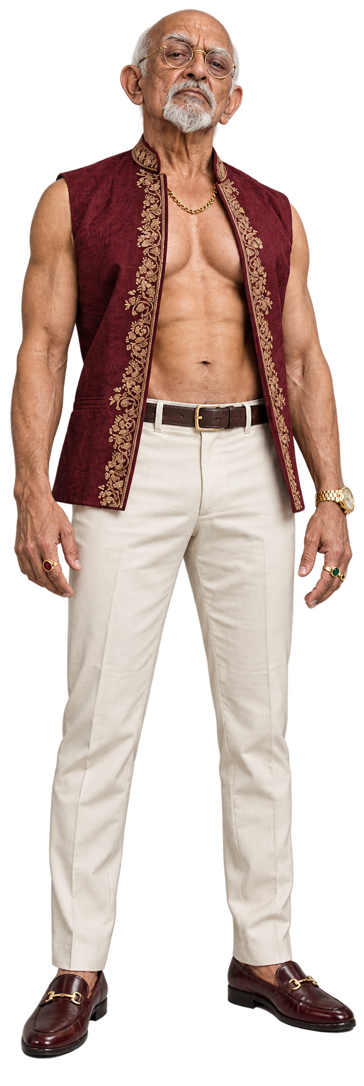 Ravik Suri standing: open burgundy brocade waistcoat with gold embroidery, cream trousers and oxblood loafers.